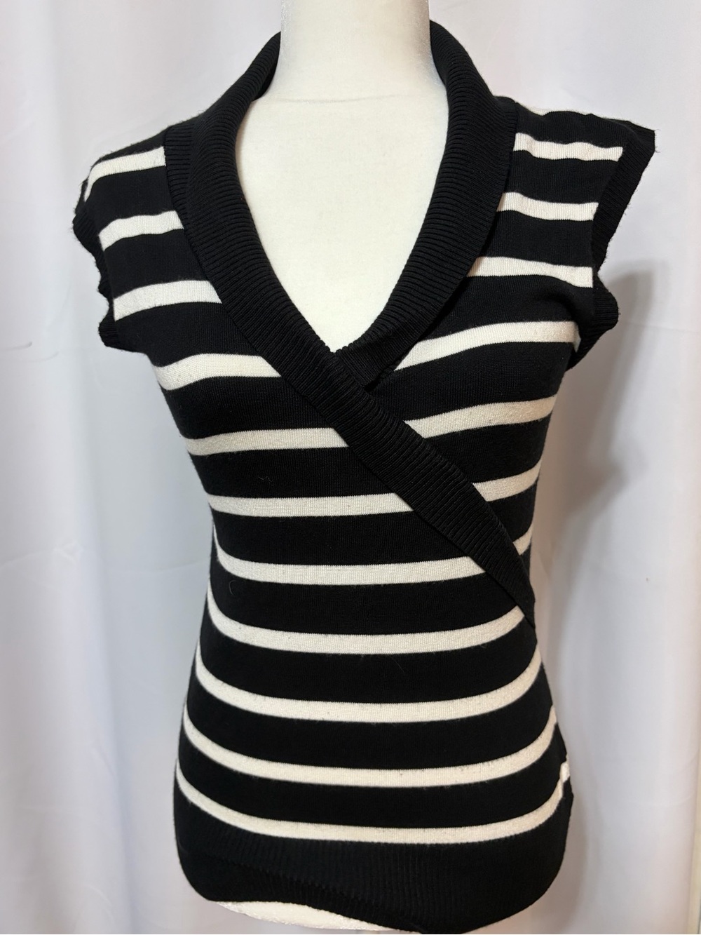 Black & White Striped Wrap-Front Cap Sleeve Top